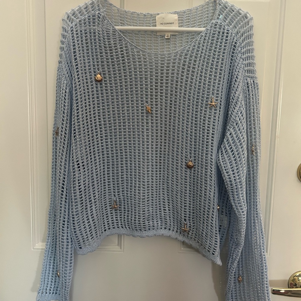 Light Blue Open-Knit Charm Embellished Sweater